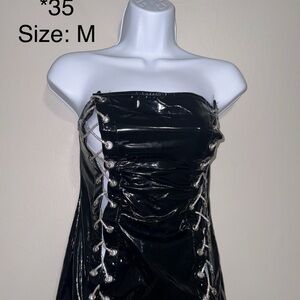 Strapless Black leather Lace-Up Mini Dress